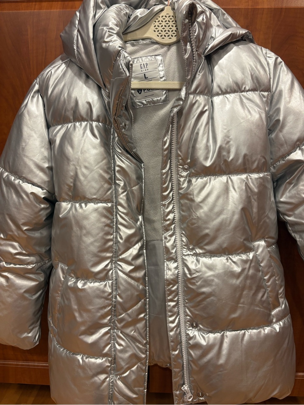 GAP Metallic Silver Quilted Hooded Puffer Coat